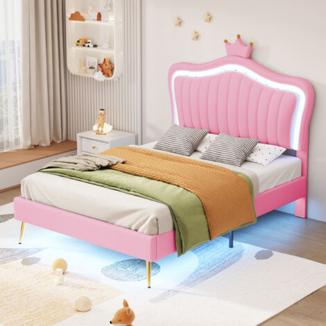 Lit enfant 90x200cm tête coquillage couronnée rembourrée simili cuir LED Rose Sans matelas (1/5)