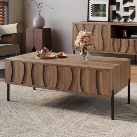 Ensemble de meubles de salon Meuble TV et Table basse design ondulé rangements structure MDF Couleur naturelle (1/5)
