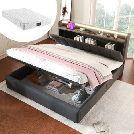 Lit coffre 140x200cm tête de rangement avec prises et USB revêtement en lin LED par app gris (Matelas inclus) (1/5)