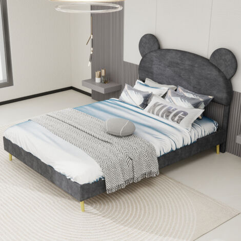 REDOM Lit double 140x200 cm rembourré tissu et métal tête de lit dessin animé gris (Sans matelas) (1/5)