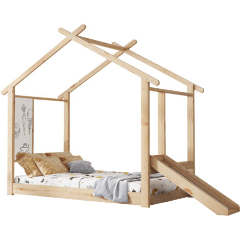 Lit Cottage Charmant Avec éclairage LED - Canapé-lit Pour Enfants En Bois Massif Avec Tente Integree Beige 90 X 200 Cm 98929734