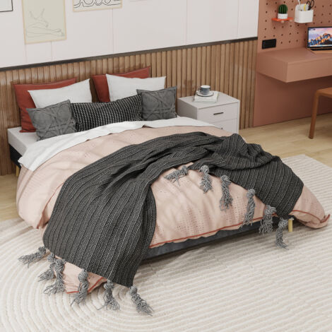 REDOM Lit double 160x200 cm velours structure bois et métal rivets décoratifs gris (Sans matelas) (1/5)
