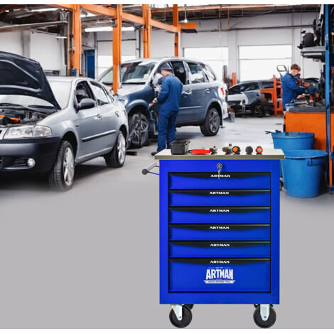 Chariot à outils en métal avec 6 tiroirs et roulettes, idéal pour les garages, les ateliers et les ateliers mécaniques, noir et bleu