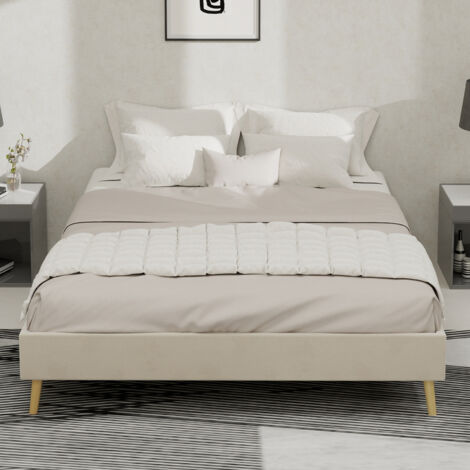 Lit double 140x200 cm, cadre robuste en tissu et métal avec clous, couleur beige (matelas non inclus) (1/4)