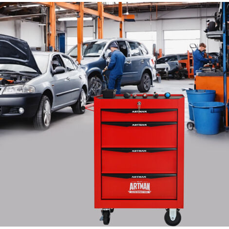 Chariot à outils en métal avec 4 tiroirs et roulettes, idéal pour les garages, les ateliers et les ateliers mécaniques, coloris noir et rouge (1/4)