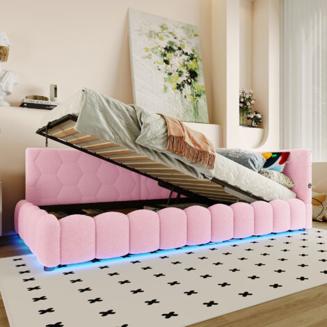 Lit enfant 90x200 cm espace de rangement hydraulique, bande lumineuse LED, port USB tissu imitation polaire rose (sans matelas) (1/5)