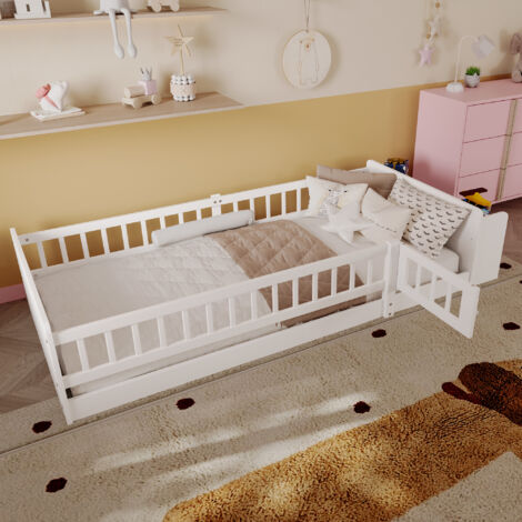 Lit enfant 90x200 cm avec espace de rangement ouvert, étagères et sommier ouvrable en pin blanc(sans matelas) (1/5)