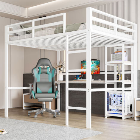 Lit mezzanine 140x200 cm étagères à plusieurs niveaux, avec bureau, port USB Type-C, cadre en métal, blanc(sans matelas) (1/5)