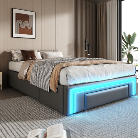 Lit simple 90x200 cm avec bande lumineuse LED, tiroirs, plateau en similicuir, sans tête de lit, gris (sans matelas) (1/5)