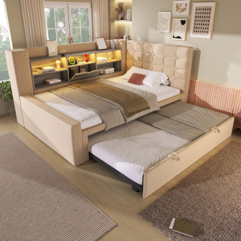 Lit gigogne 90x200/90x190 cm, avec éclairage LED, tête de lit en L avec espace de rangement, lin, beige (sans matelas)