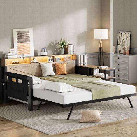 Lit gigogne 90x200 cm avec éclairage LED et port USB, 3 tiroirs et compartiments de rangement, noir (sans matelas)