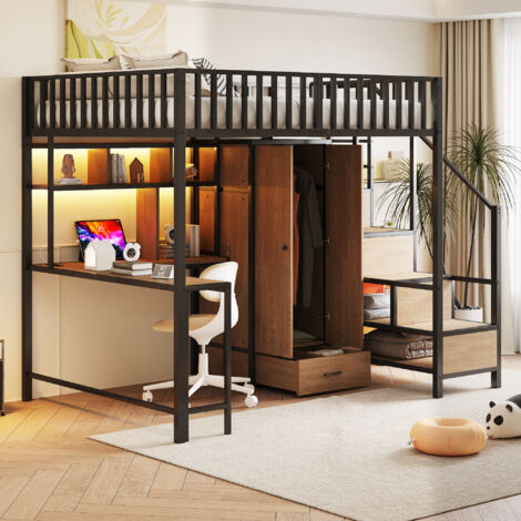 REDOM Lit mezzanine 140x200 cm avec bureau, étagères, armoire, tiroirs, métal noir (Sans matelas) (1/5)
