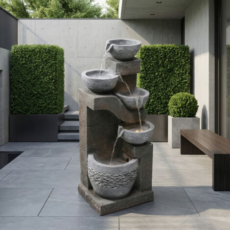 REDOM Fontaine de jardin avec pompe à eau et éclairage LED, aspect pierre naturelle, résine gris
