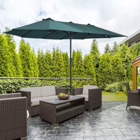 REDOM Parasol double 460x270x240 cm, avec manivelle, base croisée et poids inclus, acier et plastique, vert foncé (1/5)