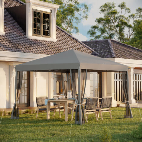 REDOM Pergola de jardin 296x296x265 cm, avec 4 parois moustiquaires amovibles, structure en métal, gris clair (1/5)