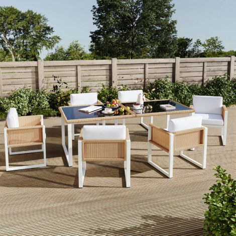 REDOM Ensemble repas et chaises de jardin 6 chaises à coussins déhoussables, pieds réglables, rotin et tissu brun blanc (1/5)