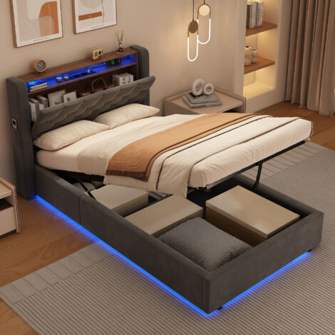 REDOM Lit simple 90x200 cm avec coffre de rangement et éclairage LED. Structure en métal et bois velours gris foncé (Sans matelas) (1/5)
