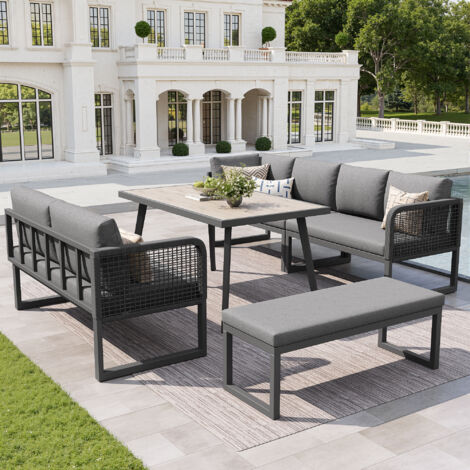 REDOM Ensemble repas et chaises de jardin coussins épais déhoussables, PE rotin, gris (1/5)