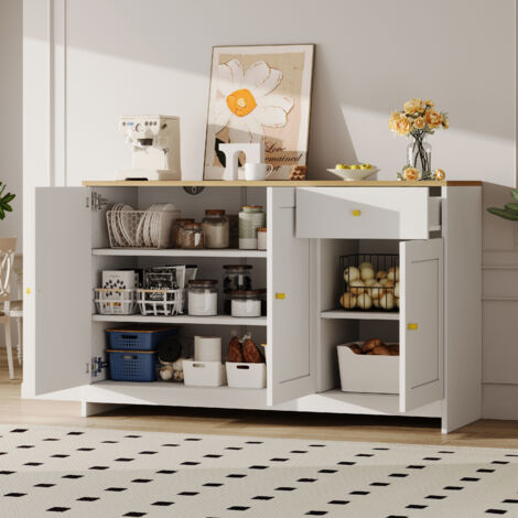 REDOM Buffet 120x40x75 cm, 3 portes et 1 tiroir, étagères réglables, MDF et panneaux de particules, blanc et naturel (1/5)
