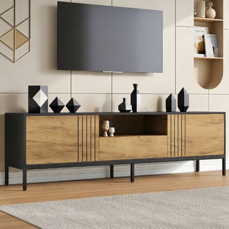 REDOM Meuble TV 170x35x50 cm, 2 portes, 1 tiroir et niche ouverte, rangement multifonction, panneau de particules chêne et noir (1/5)