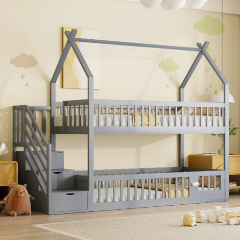 REDOM Lit superposé 90x200 cm toit ludique bois escalier sécurisé tiroirs gris (Sans matelas) (1/5)