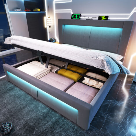 REDOM Lit coffre 160x200 cm avec LED, ports USB et Type C, tête de lit incurvée en velours gris (Sans matelas) (1/5)