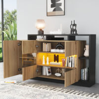 Sideboard LED moderne, armoire de salle à manger en bois, avec commande Bluetooth, verre, MDF, Noir + naturel