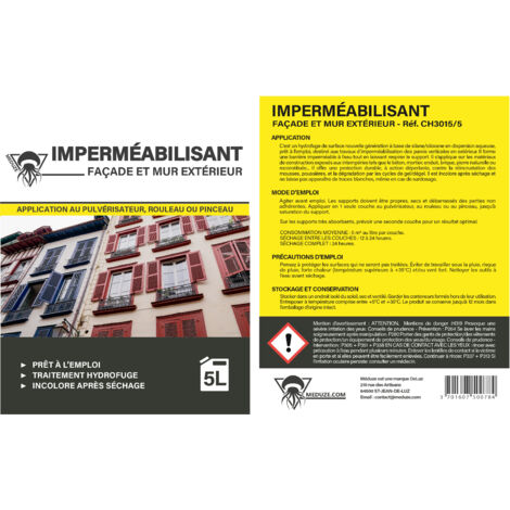 Méduze - 4 imperméabilisants hydrofuges pour façade et murs extérieurs 5L - Prêt à l’emploi - Invisible après séchage - Effet perlant - Professionnel