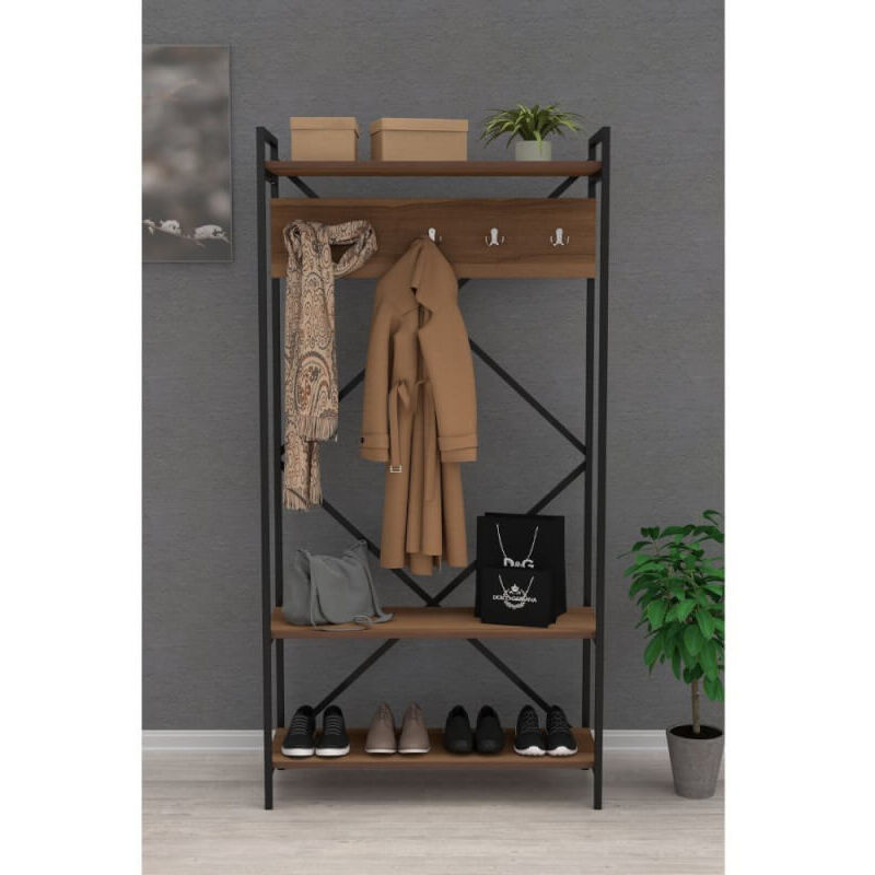 Meuble d'entrée Navis noyer avec porte-manteau et porte-chaussures - 90x35x180h CM