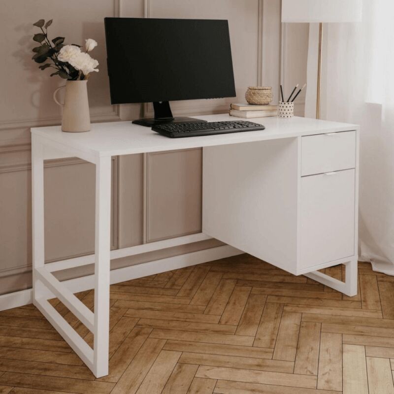 Bureau blanc avec tiroir et compartiment - L120xP65xH75 cm