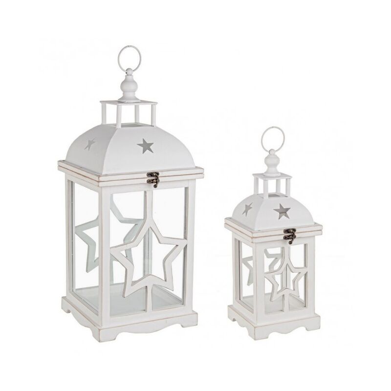 Lot De 2 Lanternes En Bois Blanc Cérusé 38cm + 48cm - Photophores Avec Anse Et Verre Amovible