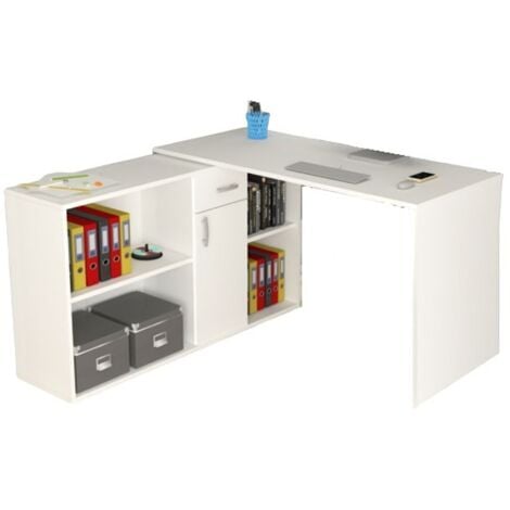 Bureau d'angle réversible avec tiroir et porte, blanc, 210x60x74 cm