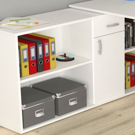 Bureau d'angle réversible avec tiroir et porte, blanc, 210x60x74 cm