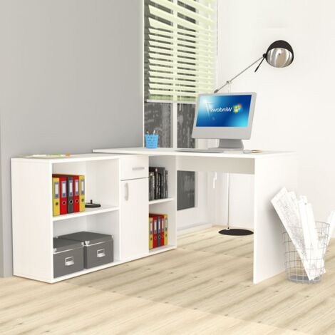 Bureau d'angle réversible avec tiroir et porte, blanc, 210x60x74 cm