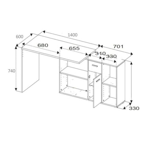 Bureau d'angle réversible avec tiroir et porte, blanc, 210x60x74 cm