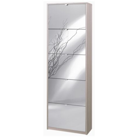 Armoire à chaussures mince peu encombrante avec cinq portes en miroir Orme clair 63x29x h190 cm (1/3)