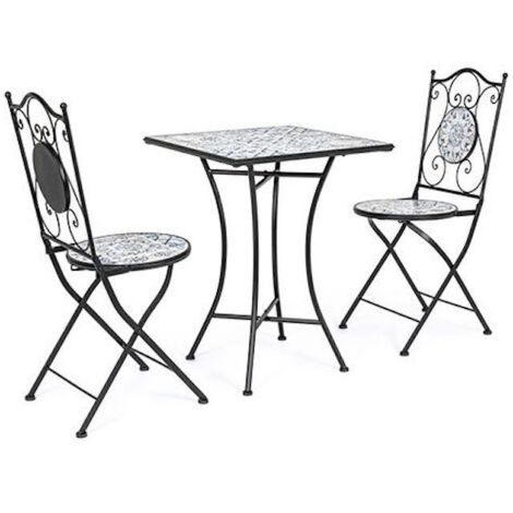 Table de jardin 60 cm avec 2 chaises en céramique blanc, bleu et noir (1/5)