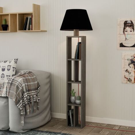 Stehlampe aus Holz mit Bücherregal und schwarzem Lampenschirm 45x45x163,5 cm (1/5)