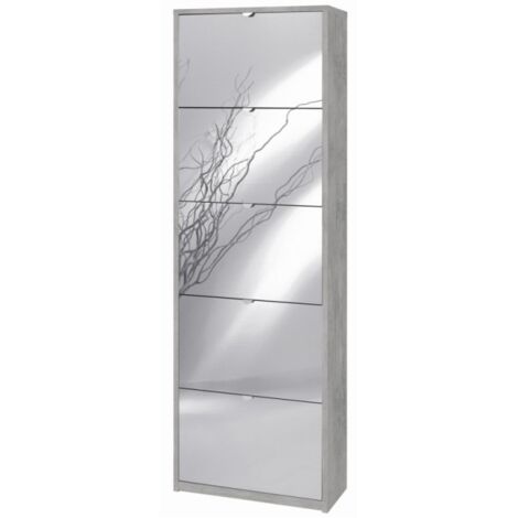 Platzsparendes schmales Schuhregal mit fünf Spiegeltüren Beton Cemento 63x29x H190 cm (1/3)