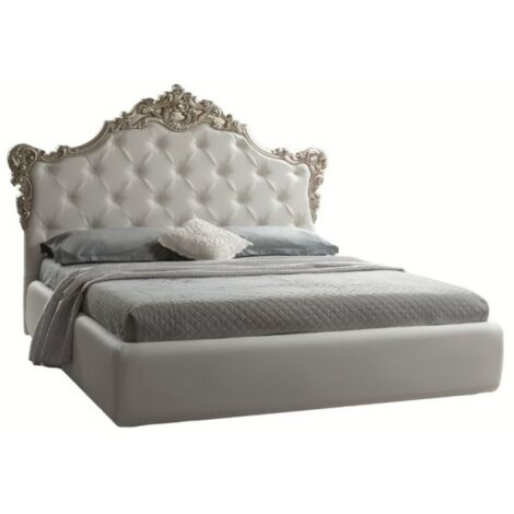 Cama de matrimonio barroca con contenedor de ecopiel SAVOIA Blanco Plata 194x209x h 140 cm