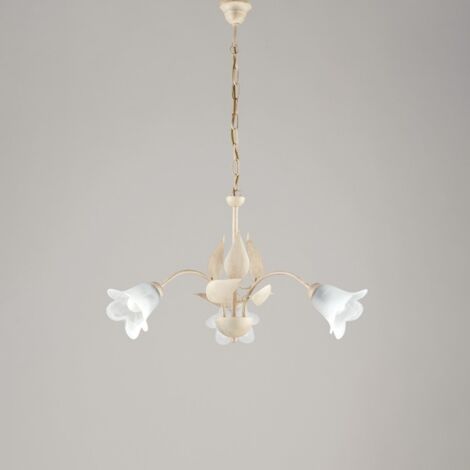 Araña de hierro Marfil Oro tres luces Alabastro Cristal blanco 60x h43 cm