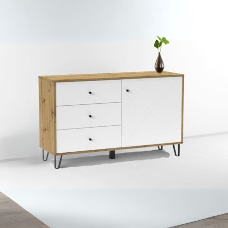 Credenza Bollo 5 con puerta y 3 cajones en color roble y blanco H75.20xL123.40xP40 (1/4)