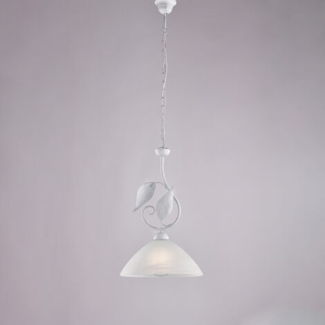 Lampadario in ferro laccato bianco con decorazione argento antico e diffusore in vetro diametro 30 alabastro bianco 1 luce H.50 - MAX 110 - Ø30