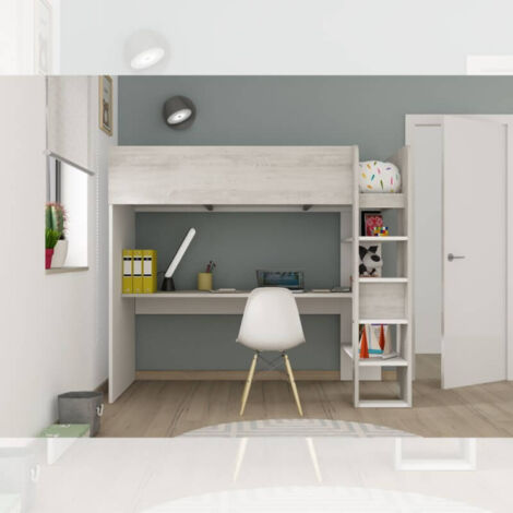 Dormitorio 2278 con cama alta con escritorio debajo en blanco y blanco desgastado