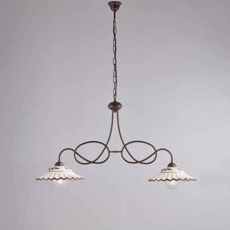 Lampadario in ferro laccato nero e decorazione effetto ruggine con diffusori in ceramica diametro 30 bianco e marrone 2 luci H.55 - MAX 115 - L. 98 X 30