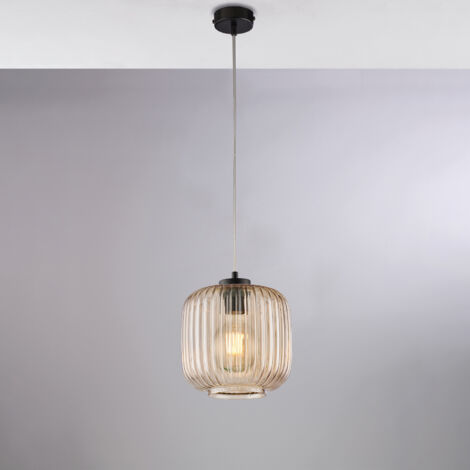 Sospensione in ferro laccato nero con cavo elettrico regolabile e diffusore in vetro soffiato ambra con decoro rigatura in rilievo 1 luce H.25 - MAX 125 - Ø20