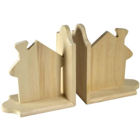 Par de sujetalibros de madera con casa cm19x17x19