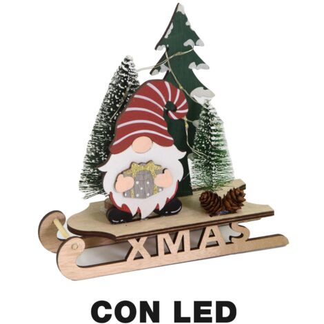 Gnomo de madera sobre trineo de led rojo cm18x7h18,5 (1/4)