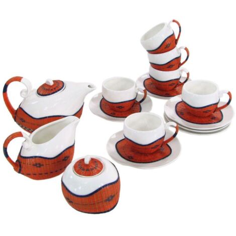 Taza de té con tetera y jarra de leche 9 piezas bambú naranja y cerámica (1/5)