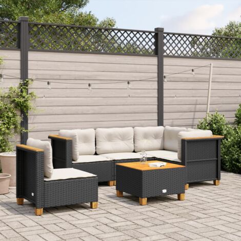 Set de sofás de jardín 6 piezas y cojines ratán sintético negro